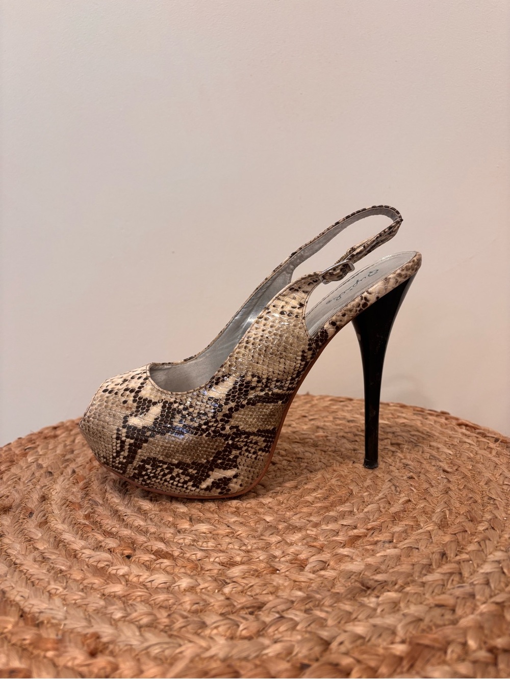 Qupid Peep-Toe Slingback Heels in Snake Print